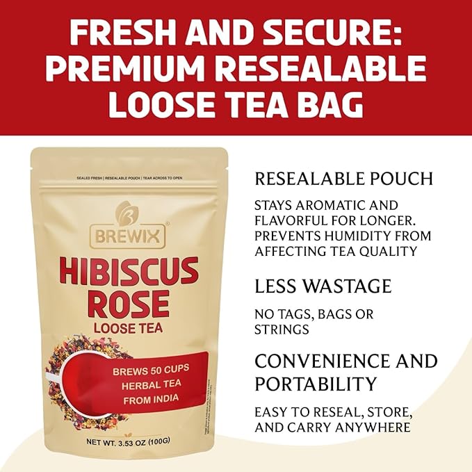 BREWIX, Hibiscus Rose Herbal Loose Tea (50+ Cups) | 100% Natural, Handmade, Pure from Hibiscus Flowers | Hibiscus with Rose Petals, Chamomile and Exotic Spices | Supports Everyday Wellness, Digestion and Cardiovascular System | Rich in Antioxidants & S... - Bloomnest