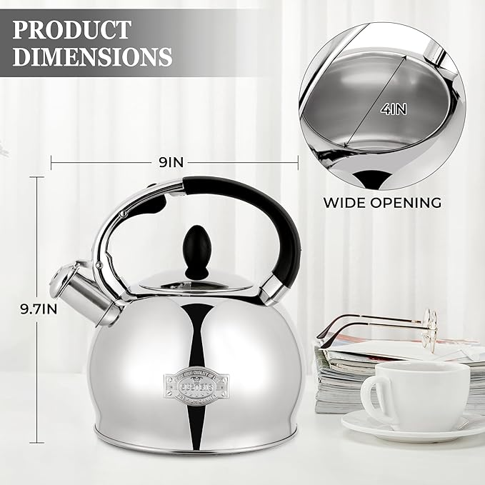 SUSTEAS Stove Top Whistling Tea Kettle - Food Grade Stainless Steel Teakettle Teapot with Cool Touch Ergonomic Handle, With 1 Silicone Pinch Mitt Included,2.64 Quart(SILVER) - Bloomnest