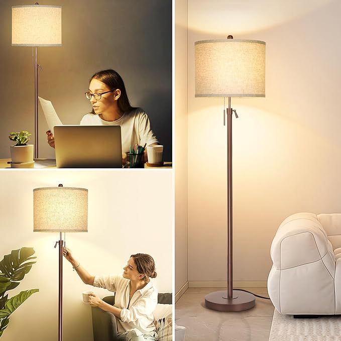 Metal Brown Floor Lamp for Living Room, Adjustable Height Standing Lamp, Pole Light for Bedroom, with Linen Shade and Metal Base, Pull Chain Switch, 3-Way 8W LED Bulb Included - Bloomnest