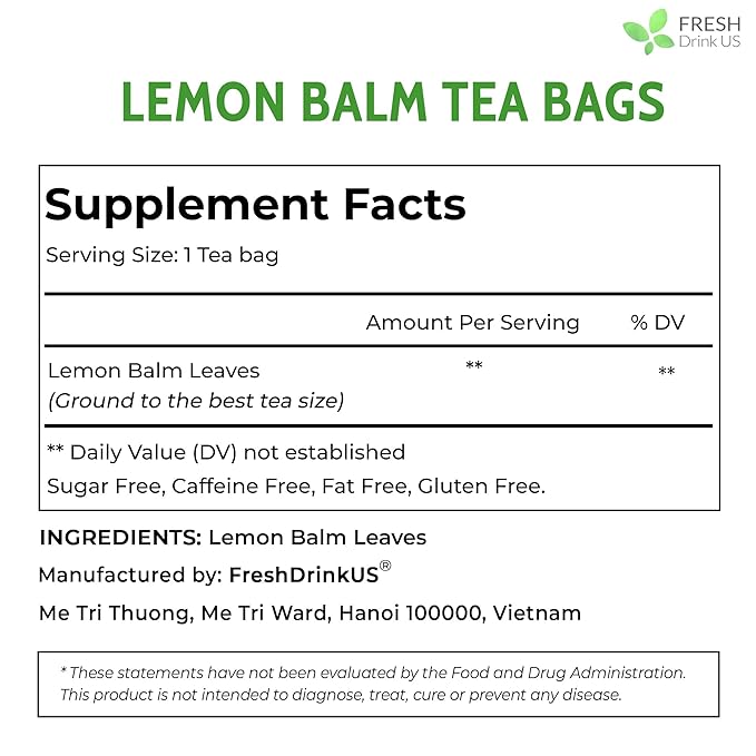 FreshDrinkUS, Premium 120 Lemon Balm Leaf Tea Bags, 100% Natural & Pure from Lemon Balm Leaves. Loose Leaf Lemon Balm Herbal Tea. Lemon Balm Leaf Tea. No Sugar, No Caffeine, No Gluten, Vegan. Lemon Balm Tea - Bloomnest