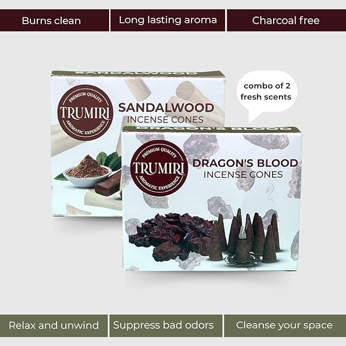 TRUMIRI Incense Cones - Combo Pack of 20 Cone Incense - 10 Dragons Blood + 10 Sandalwood - Insence Cones - Incense Cones Scented - Cone Incense Scents - Insense Cones - Incent Cone TRUMIRI