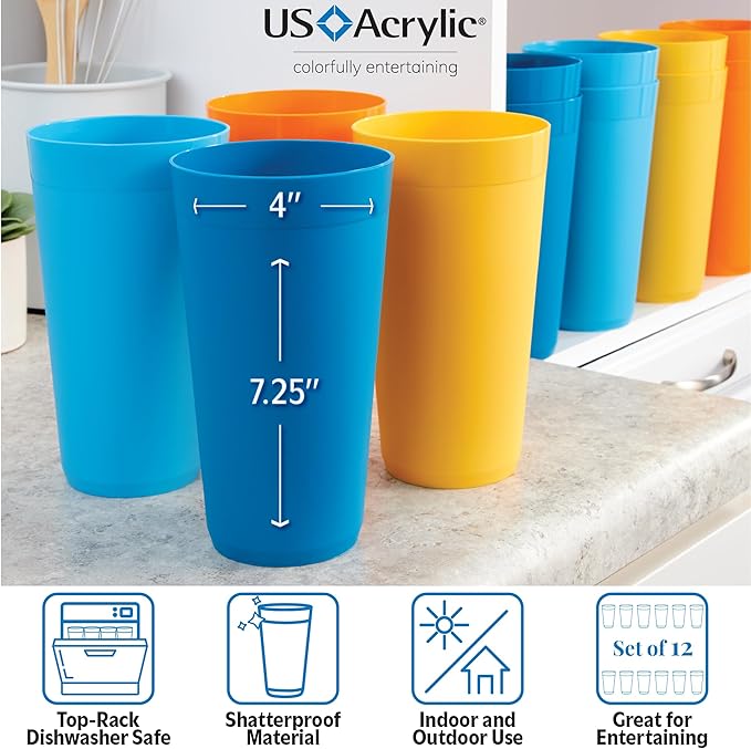 US Acrylic Newport 32 ounce Unbreakable Plastic Stackable Iced-Tea Tumblers in 4 Sunrise Colors | Set of 12 Drinking Cups | Reusable, BPA-free, Made in the USA, Top-rack Dishwasher and Microwave Safe - Bloomnest