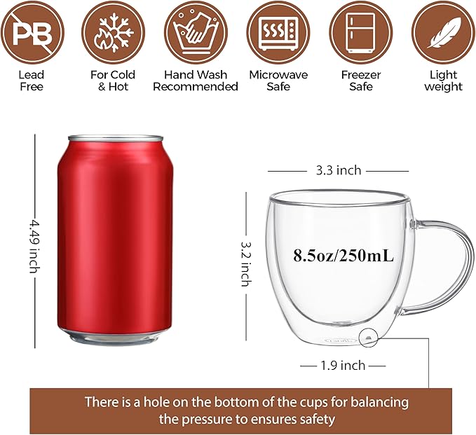 CNGLASS 8.5oz Glass Coffee Mug,Double Wall Insulated Glass Mugs with Handle,Clear Espresso Mugs for Latte,Cappuccino,Tea Bag,Set of 4 - Bloomnest