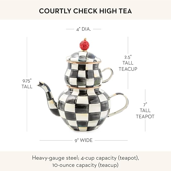 MACKENZIE-CHILDS Enamel High-Tea Teapot, Cup, and Lid, Cute Teapot and Teacup Combo, Black-and-White Courtly Check - Bloomnest
