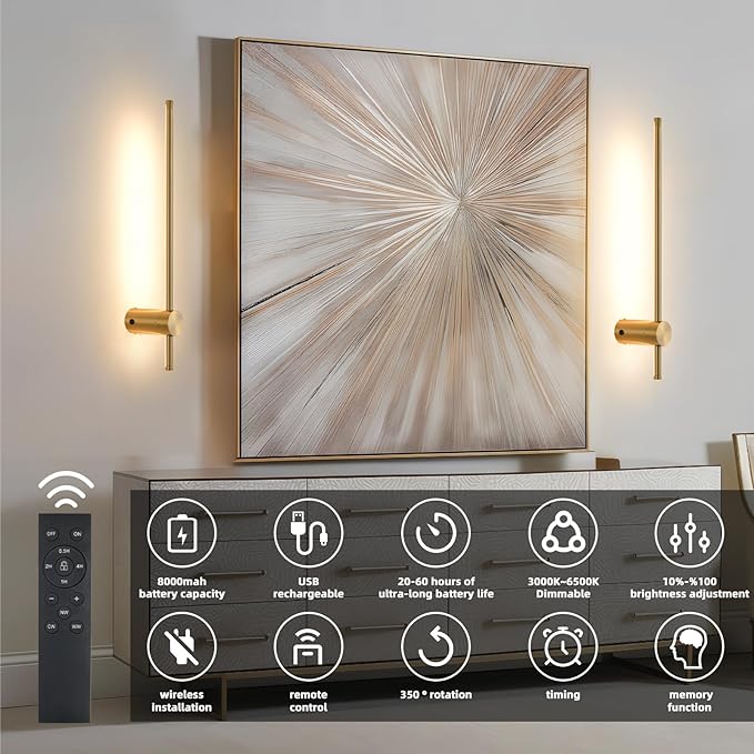 Battery Operated Wall Sconce USB Rechargeable Sconces, 23.6" Brushed Gold Wireless Wall lamp Set of 2, 3000K-6000K & Dimming with Remote Control, LED Wall Lights for Living Room, Bedroom - Bloomnest