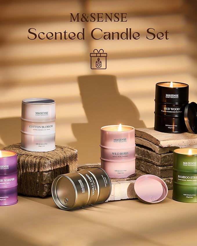 Fall Candle Gift Set | Mini Scented Candles Set | 6 Pack Candles for Home Scented,Oud Wood,Cotton Blossom,Vanilla Amber,Bamboo Rose Lavender Candle,Gift Set for Women and Men,Soy Wax 21 oz 105 Hour - Bloomnest