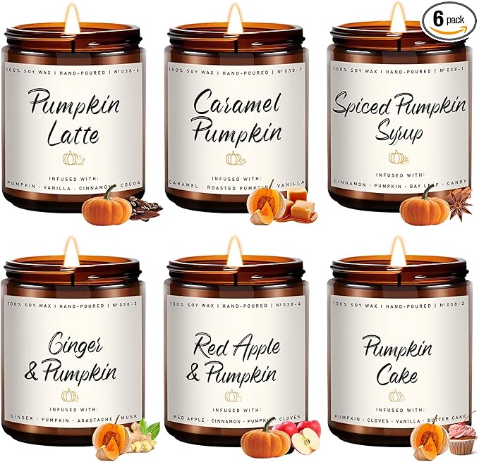 Auelife Fall Scented Candles - Pumpkin Candle Set of 6 | Ginger, Apple, Cake, Caramel, Latte & Spiced Pumpkin Soy Candles | Autumn Candle for Home Décor & Gifts for Women, Cozy Fall Aromatherapy - Bloomnest