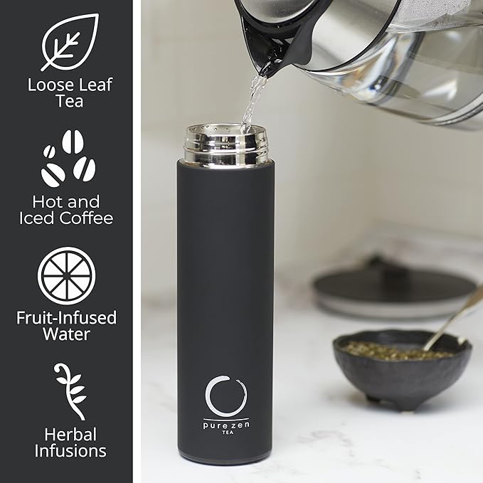 Pure Zen Tea Thermos with Infuser for Hot and Cold Infusions, Coffee and Fruit-Infused Water - Stainless Steel - Tea Infuser Bottle - Leakproof Travel Mug with Filter - 15oz - Black
