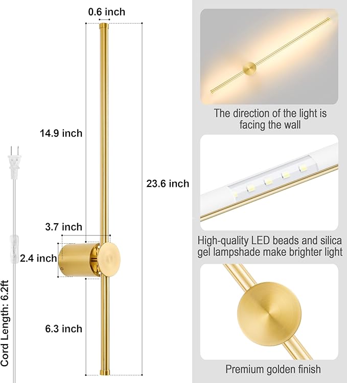 Wall Sconces Set of Two with Remote, Stepless Colors 3000K-6500K & Stepless Dimming, Hardwire or Plug-in, 180° Rotate, LED Gold Plug in Wall Sconces with Timer & Night Light, 23.6 Inches - Bloomnest