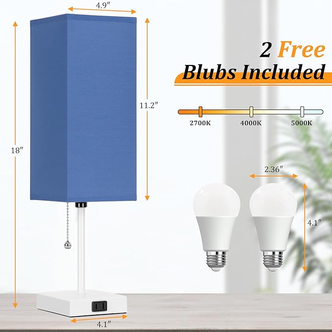 18'' Table Lamp for Bedroom set of 2,3-Color Bedside Lamps with Pull Chain Table Lamps for Night stands ,Small Night Light Lamps with 2 Bulbs Lamps for Living Room Kids Room Office Decor（Blue+White） - Bloomnest