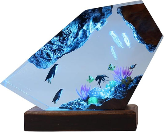 Handmade 3D Ocean Resin Lamp, Epoxy Ocean Night Light with Wooden Base, LED Color Changing Table Lamp, USB Powered Dragons Decor, Unique Ocean Gift for Bedroom & Home Office (Penguin) - Bloomnest