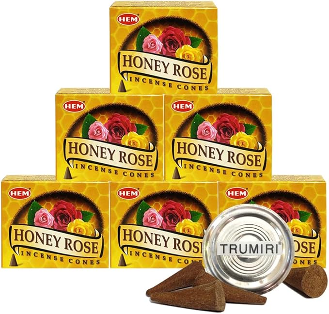 TRUMIRI Incense Cone Holder Bundle with Hem Honey Rose Incense Cones - Pack of 6 (Approx 60 Cones) TRUMIRI