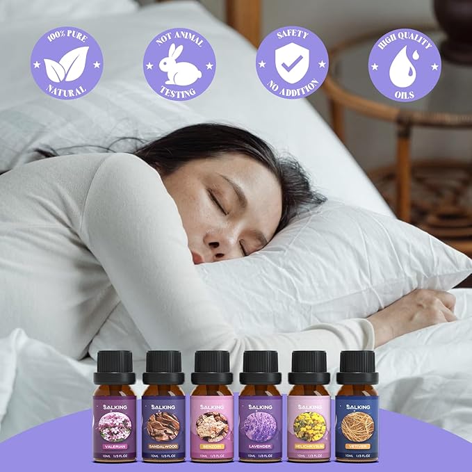 SALKING Sleep Essential Oils Set, Pure and Natural Essential Oils, Fragrance Oil Scented Oils for Oil Diffusers 6 x 10 ML - Lavender, Vetiver, Sandalwood, Valerian, Helichrysum, Benzoin… - Bloomnest