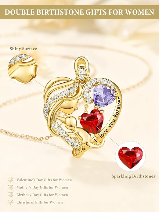 14K Gold Double Birthstone Heart Necklace for Women Mom, Mother Son/Daughter Pendant Necklace for Christmas Mother's Day Birthday Gifts for Wife Daughter Grandmom - Bloomnest