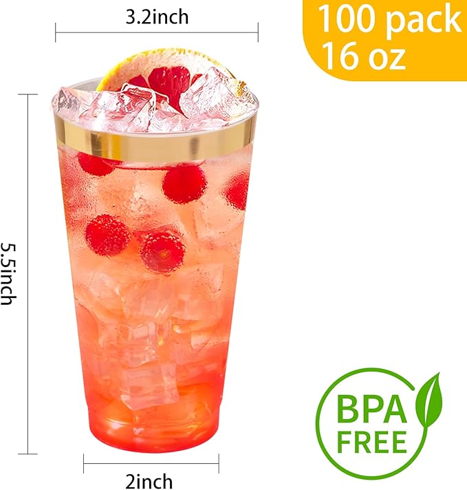 I00000 16 oz Gold Plastic Cups, 100 Pack Clear Plastic Cups Tumblers Gold Rimmed Cup, Heavy-duty Disposable Cup Perfect for Halloween, Thanksgiving and Christmas Parties - Bloomnest