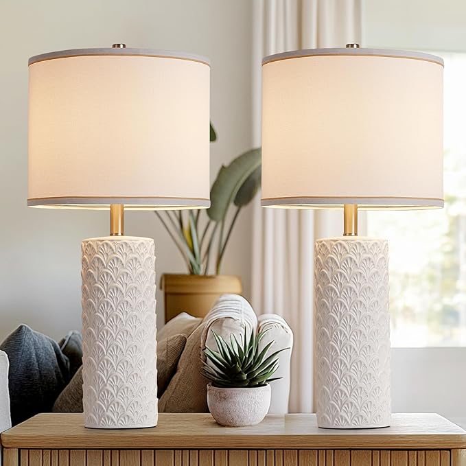 27" Farmhouse Bedside Table Lamp Set of 2, White Modern Ceramic Lamps for Living Room, 3 Color Temperature Rustic Table Lamps for Bedroom, Night Stands, Dorm,Office, Home Décor (Bulb Included - Bloomnest