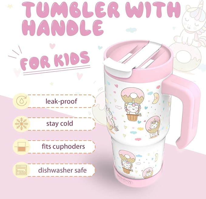 22 oz Tumbler with Handle for Kids, Easy to Hold, Spill-proof, Insulated Cups with Sip/Swig 2-in-1 Lid, Fit Most Car Cup Holders,School, Home,travel,Pink Unicorn - Bloomnest