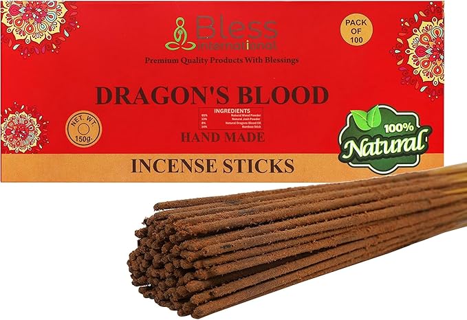 Bless-Dragons-Blood 100%-Natural-Handmade-Hand-Dipped Organic-Chemicals-Charcoal-Free Purification-Relaxation-Positivity-Yoga-Meditation Best-Woods-Scent (100 Sticks (5.25 OZ)) BlessInternational