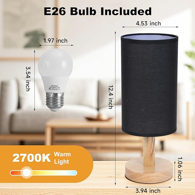 Black Small Bedside Table Lamp for Bedroom,Natural Round Wood Base&Fabric Linen Shade,Cozy Night Table Light for Study Reading,Minimalist Boho Desk Lamp for Nightstand,Living Room,Nursery,Kitchen,Dorm - Bloomnest