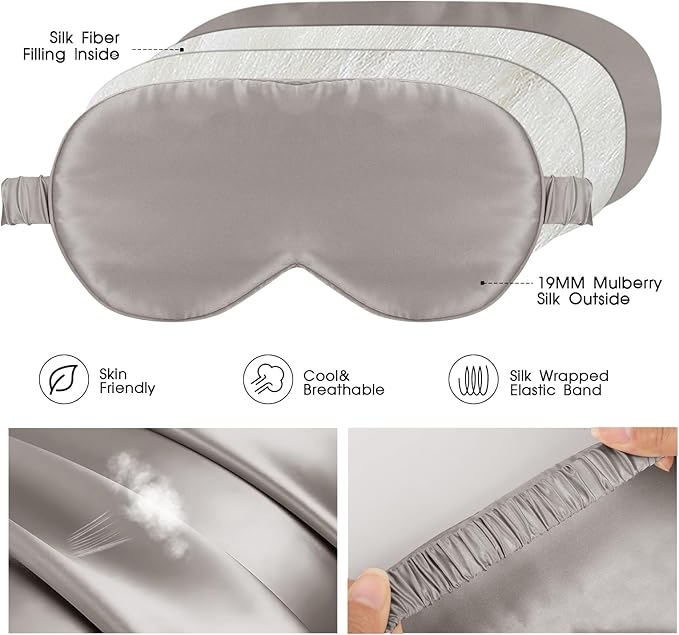 Silk Sleeping Mask for Travel/Plane/Side Sleeper Pure Mulberry Silk Eye Mask for Sleep/Men/Women/Adults Thin Cooling Eye Cover,Grey - Bloomnest