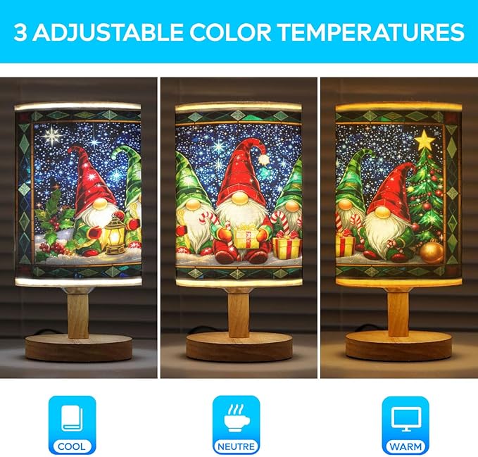 Christmas Gnomes Table Lamp LED 3-Color Pressed Bedside for Merry Christmas, Christmas Gnomes Shade Christmas Table Lamp with Wood Base for Bedroom Living Room Desk Office - Bloomnest