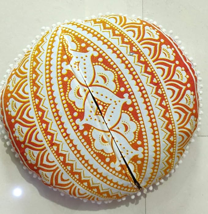 INDIAN CRAFT CASTLE 24" Yellow Ombre Mandala Barmeri Large Floor Pillow Cover Cushion Meditation Seating Ottoman Throw Cover Hippie Decorative Zipped Bohemian Pouf Ottoman Pom Pom Cases 24" Round - Bloomnest