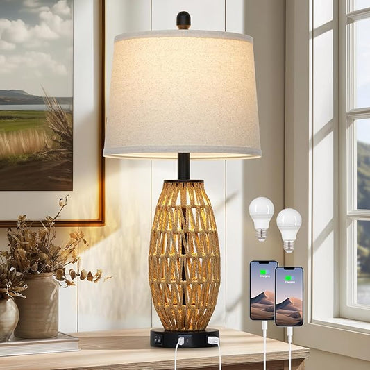 27" Boho Rattan Table Lamp with Night Light, Wicker Bedside Lamp with USB A+C Charging Port & AC Outlet, Woven Coastal Bedroom Lamps for Nightstand, Tall Farmhouse Lamps for Living Room Single - Bloomnest