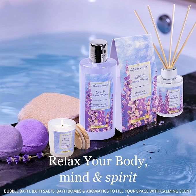 Gift baskets for women, 15Pcs Lilac Women Bath Gift Baskets w/Body Mist, Diffuser, Bath Bomb. Unique Relaxing Spa Gift Basket Set, Mothers Day Gifts for Mom Wife Grandma Daughter Friends Sister - Bloomnest