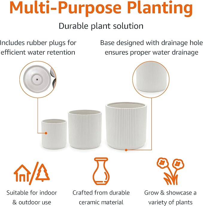 Amazon Basics Assorted Sizes Fluted Ceramic Round Indoor Outdoor Planters with Drainage, Set of 3, Modern Design, 6 inch, 8 inch, 10 inch, White - Bloomnest