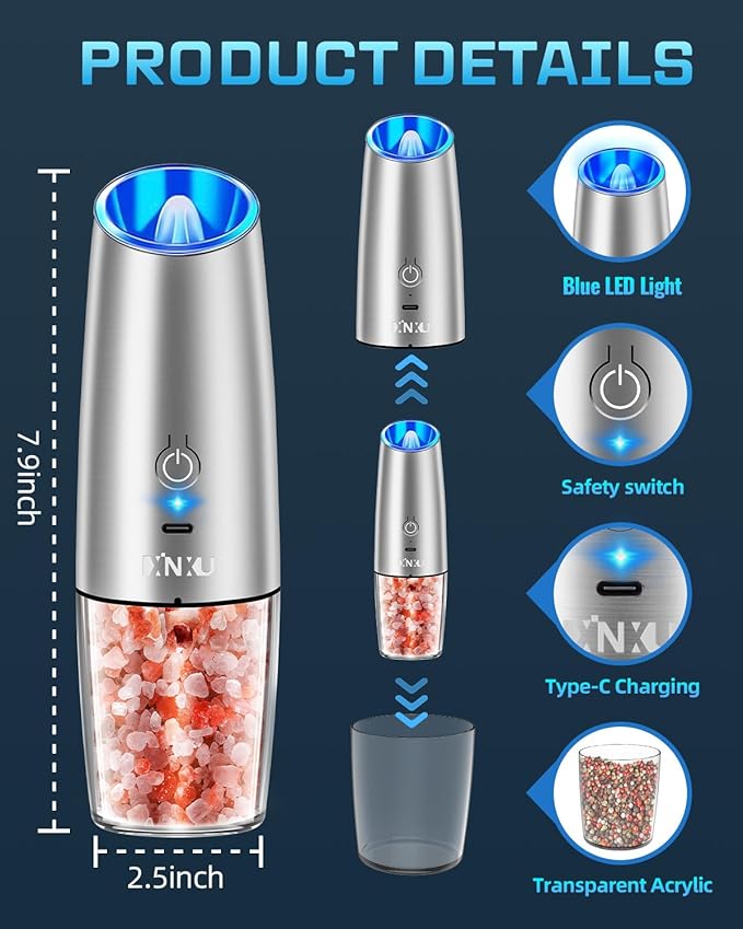 XinXu Gravity Electric Pepper and Salt Grinder Set, Adjustable Coarseness, with LED Light, One Hand Automatic Operation (Rechargeable Set/Silver X) - Bloomnest