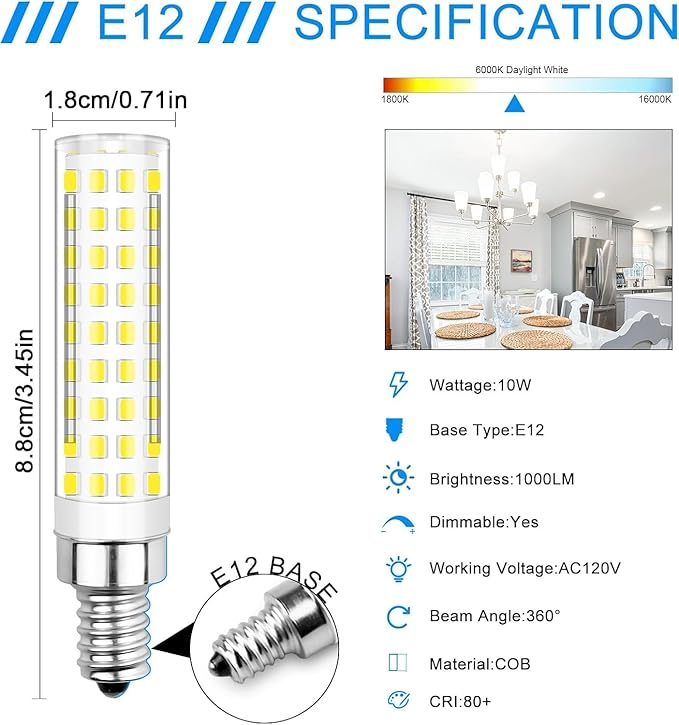 E12 Led Bulbs 100 Watt Equivalent, Dimmable Chandelier Light Bulbs 6000K Cool White 1100 Lumen for Ceiling Fan Pendant Lighting Salt Lamp,4 Pack - Bloomnest