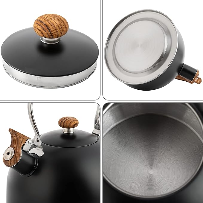 Whistling Tea Kettles with Wood Grain adjustment Nylon Handle, 2.3 Quart Capacity with Capsule Base Tea Kettle, Black - Bloomnest
