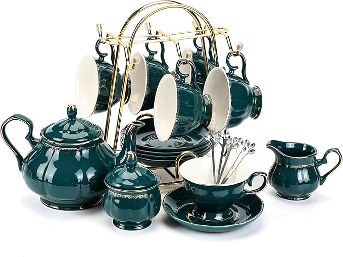 CHENP.HMC Tea Set 22-Piece Porcelain Ceramic Coffee Tea Sets Cups Saucer Service for 6 Teapot Sugar Bowl Creamer Pitcher and Teaspoons Porcelain Tea Set(Dark Green) - Bloomnest