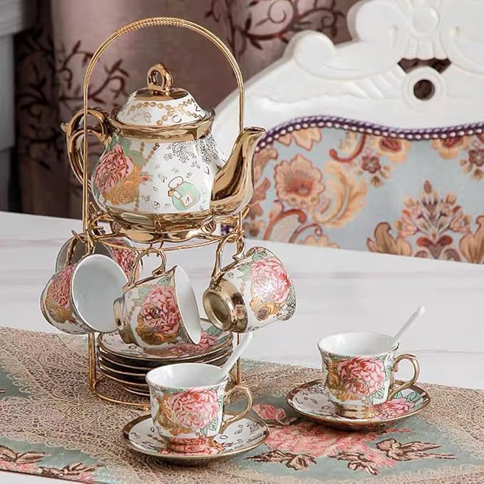 CHANJOON Gold Plated Red Rose Ceramic Tea Set, Vintage Teapot, Beautiful Tea Set Coffee Serving 6 People (Golden, large) - Bloomnest