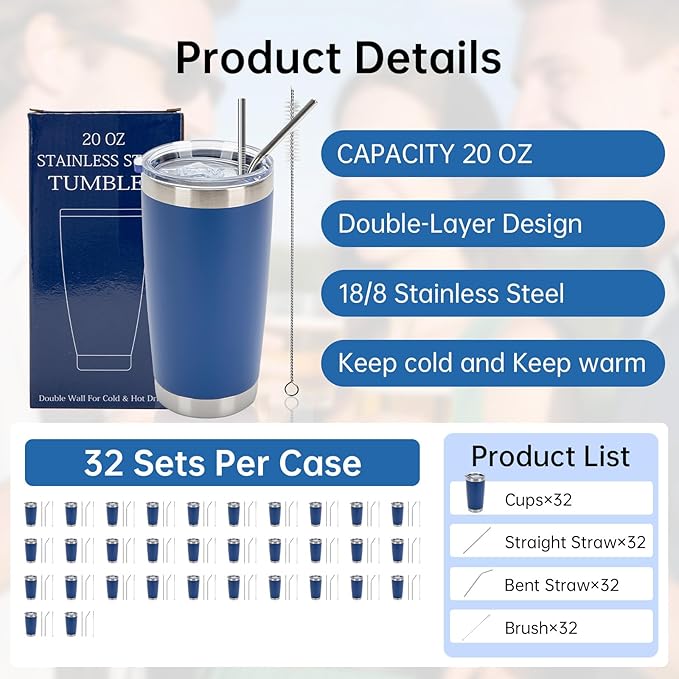 IEOVIEE 32 Pack, 20oz Stainless Steel Bulk Tumblers with Lids and Straws, Double Wall Insulated Travel Mug, Durable Powder Coated Tumbler Bulk Cup for Cold and Hot Drinks(Dark Blue) - Bloomnest