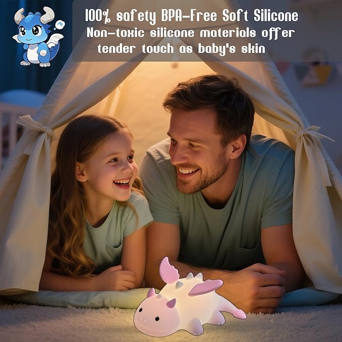 Dragon Night Light, Cute Pink Dragon Gifts, Soft Silicone Lamp with 3 Level Warm Light and RGB Changing, Breastfeeding Nursery Portable Kawaii Bedside Lamp for Baby, Toddler, Boys and Girls - Bloomnest