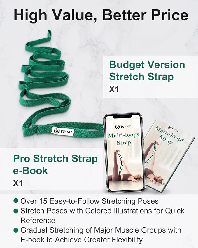 Tumaz Stretching Strap - 10 Loops & Non-Elastic Yoga Strap - The Perfect Home Workout Stretch Strap for Physical Therapy, Yoga, Pilates, Flexibility - [Extra Thick, Durable, Soft] - Bloomnest