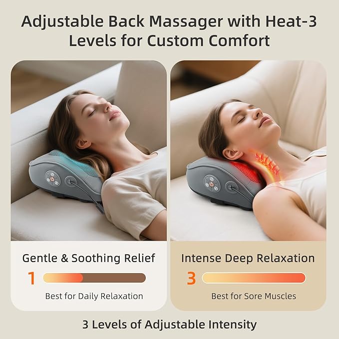 Rechargeable Back and Neck Massager with Heat – New Upgrade Deep Tissue 4D Kneading Massage Pillow for Pain Relief, Electric Shoulder Massager for Neck, Lower Back, Legs, Gifts for Men Women - Bloomnest