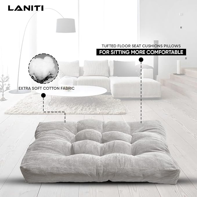 LANITI 24” Inch Extra Large Floor Cushions Tufted Floor Pillow for Adults Square Meditation Ultimate Comfort Oversized Pillows for Floor Cushion (Grey)