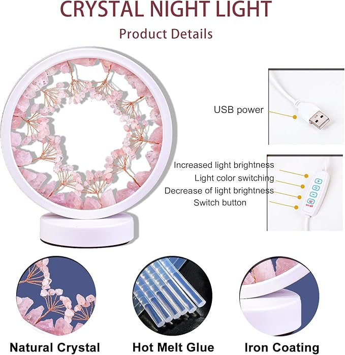 Runyangshi Crystal Night Lamp Natural Rose Quartz Crystals Small Tree Bedside Ambient Lamp USB Port 3 Colours Adjustable Lamp Suitable Night Light for Living Room Bedroom Office Home Decor Gift - Bloomnest