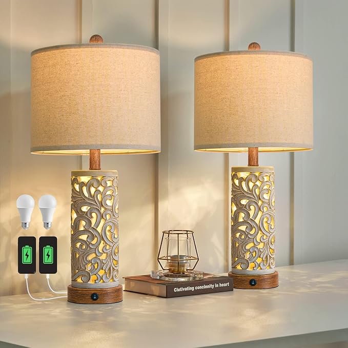 OYEARS 22'' Table Lamp Set of 2 for Living Room,Farmhouse Lamp for for Bedroom,Vintage Retro Bedside Lamps with USB Ports Linen Shade for Home Office (Brown, Bulb Included) - Bloomnest