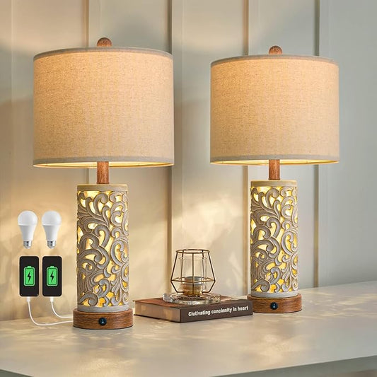 OYEARS 22'' Table Lamp Set of 2 for Living Room,Farmhouse Lamp for for Bedroom,Vintage Retro Bedside Lamps with USB Ports Linen Shade for Home Office (Brown, Bulb Included) - Bloomnest