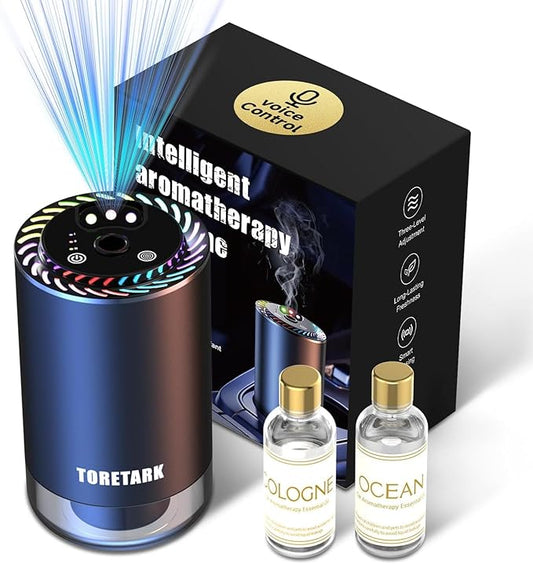 Smart Car Air Freshener Diffuser Voice Control with Starry Projection Light, 3 Adjustable Modes Intelligent Aromatherapy for Essential Oil, Smart Auto On/Off, Voice Edition (Cologne + Ocean) Toretark