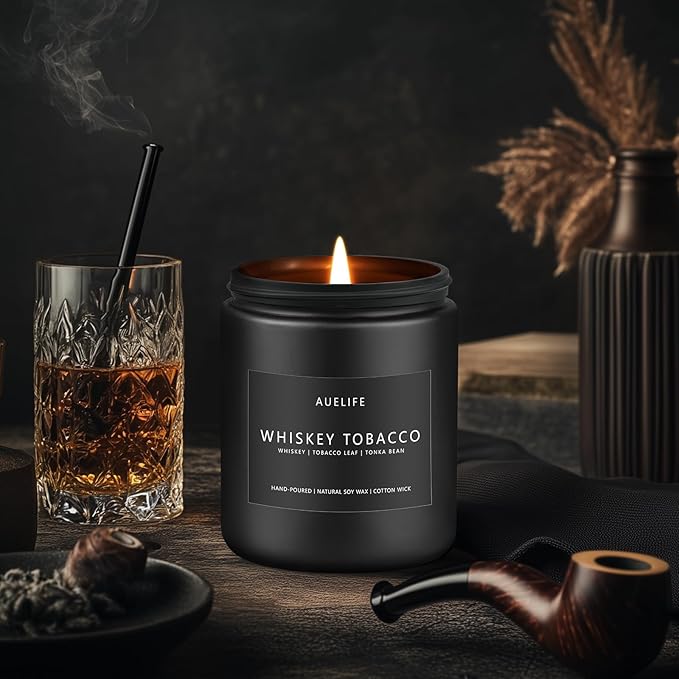 Whiskey Tobacco Candle | Masculine Candles for Men, Soy Candles for Home Scented, Manly Gifts Tobacco Candle for Home - Gifts for Men, 7oz Black Jar - Bloomnest