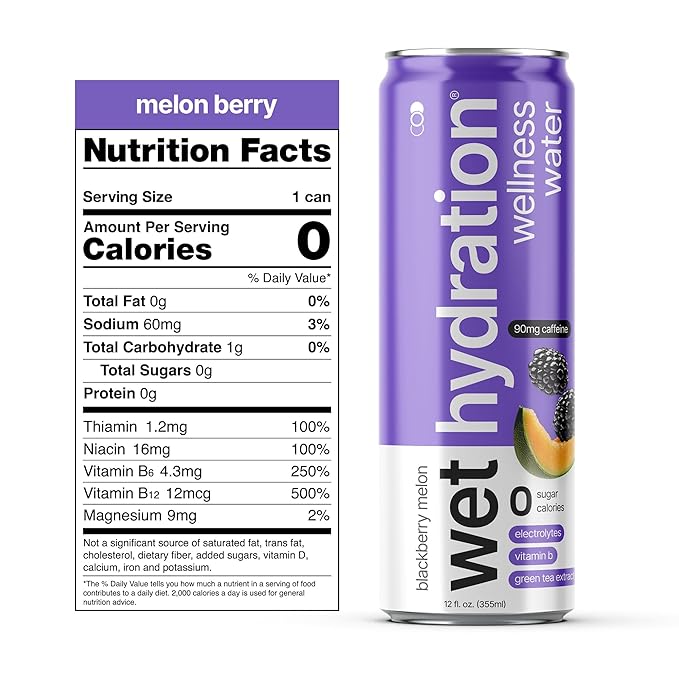 Wet Hydration | Functional Wellness Water, Non-Carbonated - Blackberry Melon (12 Ounce Cans, Pack of 12) - Flavored Water, Hydration Drink, No Sugar, No Artificial Ingredients, Zero Calories (Packaging May Vary) - Bloomnest