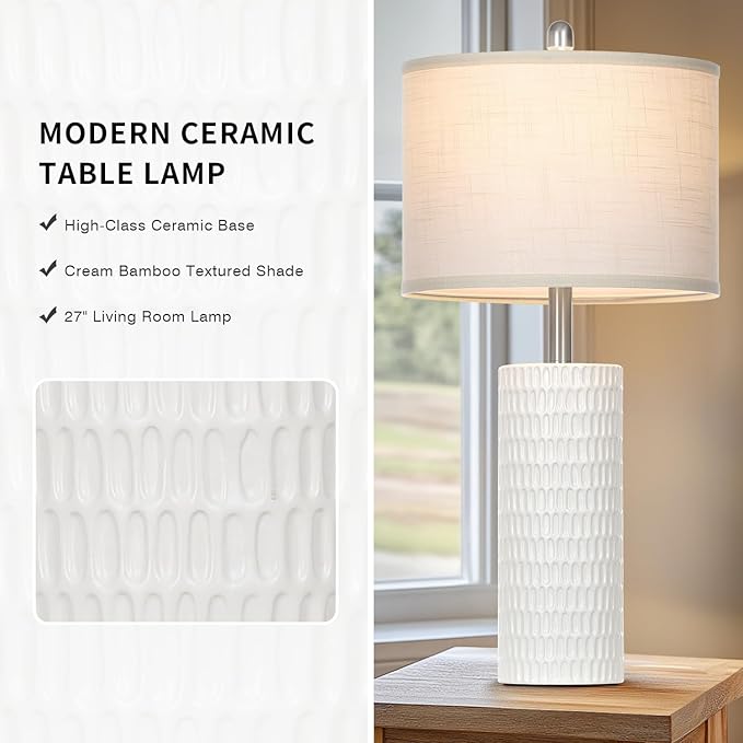 27" Ceramic Table Lamp, Farmhouse Table Lamp for Living Room, White Lamp for Bedroom, Night Stand, Modern Bedside Lamp Set of 2, End Table Lamps, White(2 Bulbs Included) - Bloomnest