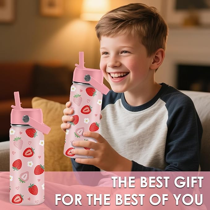 16oz Insulated Water Bottle with Handle & Flip Straw Strawberry-Themed Tumbler, Stainless Steel Heart-Shape Themed Mugs, Gifts for Girls Coworkers, Friend, Travel Cup - Bloomnest