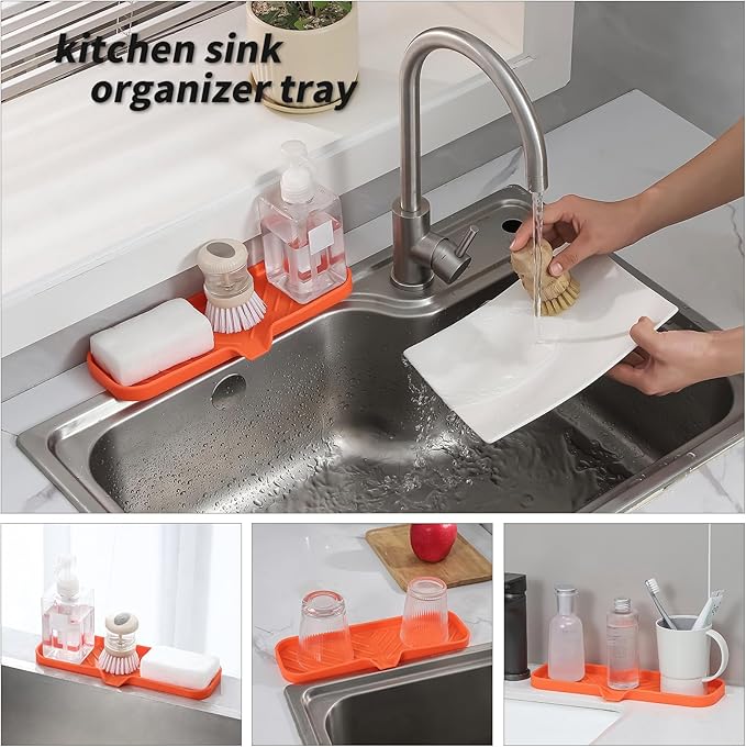 Silicone Bathroom Soap Dishes with Drain Spout-Bathroom and Kitchen Sink Organizer,Sponge Holder,Dish Soap Tray,Perfect for Dispenser,Scrubber,Bottle,Cup on Sink or Counter-Orange 12"×4" - Bloomnest