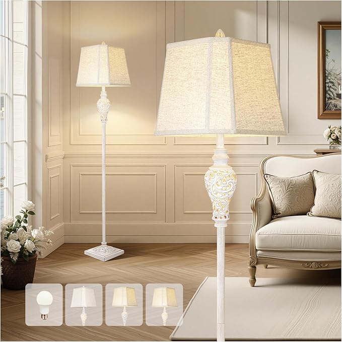 Floor Lamp for Living Room, Vintage Standing Lamp with Nightlight, 65" Tall Lamp with White Linen Shade, Farmhouse Rustic Floor Lamp for Bedroom, Office, Corner (LED Bulb Included) - Bloomnest