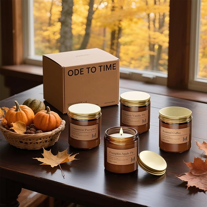 M&SENSE 4 Pack Candles for Home Scented Fall Candle Gift Set for Women Soy Wax Long Lasting Amber Jar Candles Gift for Halloween Thanksgiving Day - Bloomnest